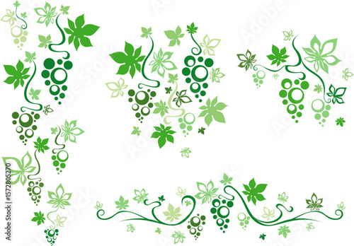 Grape with ornate leaves. Ornamental design elements. Vertical and horizontal borders