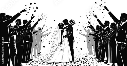 Silhouette of wedding celebration with bride groom and guests throwing petals and ribbons in black 