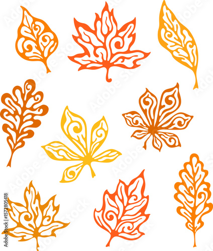 Autumn ornate leaves. Ornamental design elements.