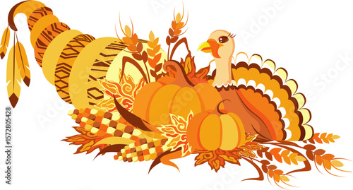 Thanksgiving day decoration element. Cornucopia with turkey, corn, fall leaves, pumpkins and wheat