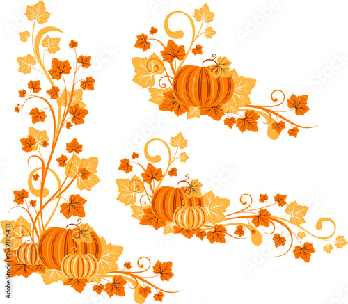 Pumpkin with ornate leaves. Ornamental design elements. Vertical and horizontal borders