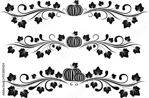 Pumpkin with ornate leaves. Ornamental design elements. Horizontal divider. Black silhouette