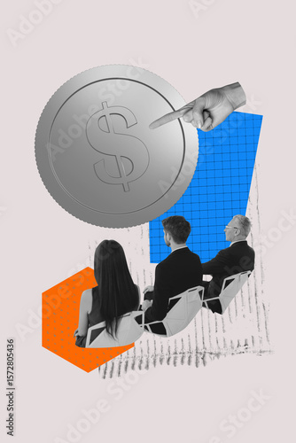 Wallpaper Mural 3D collage trend composite sketch poster of hand finger point huge coin currency team man lady sit meeting earnings currency market income Torontodigital.ca