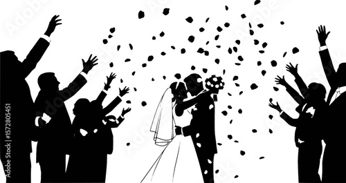 Silhouette of a bride and groom celebrating their wedding with a crowd throwing flower petals at them