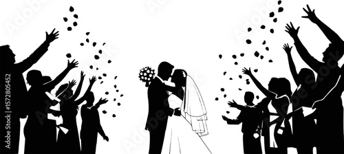 Silhouette of a bride and groom celebrating their wedding with a crowd throwing flower petals at them