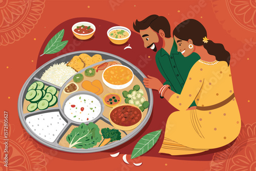 Vector couple enjoying a vegan Indian thali with dal.