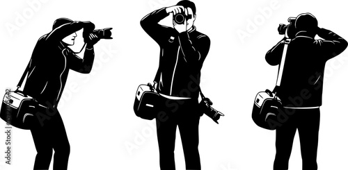 Silhouettes of photographers in various poses taking pictures with cameras in a black and white image 