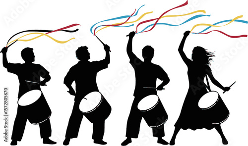 Silhouette illustration of a parade with drummers and dancers in festive attire and flying ribbons |