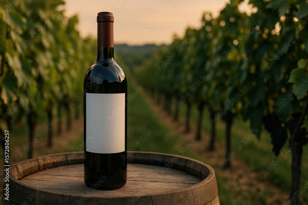 Fototapeta premium Wine bottle vineyard sunset elegance.