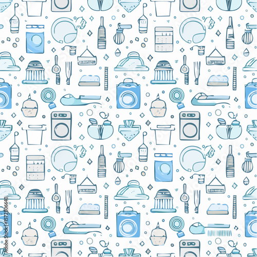 Seamless vector pattern with outline cleaning icons. Background with hand drawn house work elements. Laundry sketch texture. Home routine doodle ...