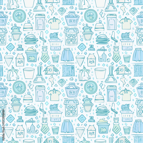 Seamless vector pattern with outline cleaning icons. Background with hand drawn house work elements. Laundry sketch texture. Home routine doodle ...