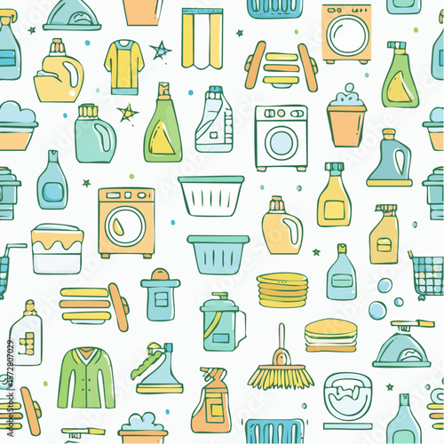 Seamless vector pattern with outline cleaning icons. Background with hand drawn house work elements. Laundry sketch texture. Home routine doodle ...