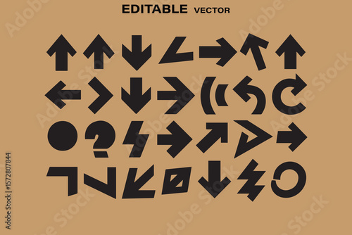 Collection of diverse black arrows and symbols in various directions on a neutral background