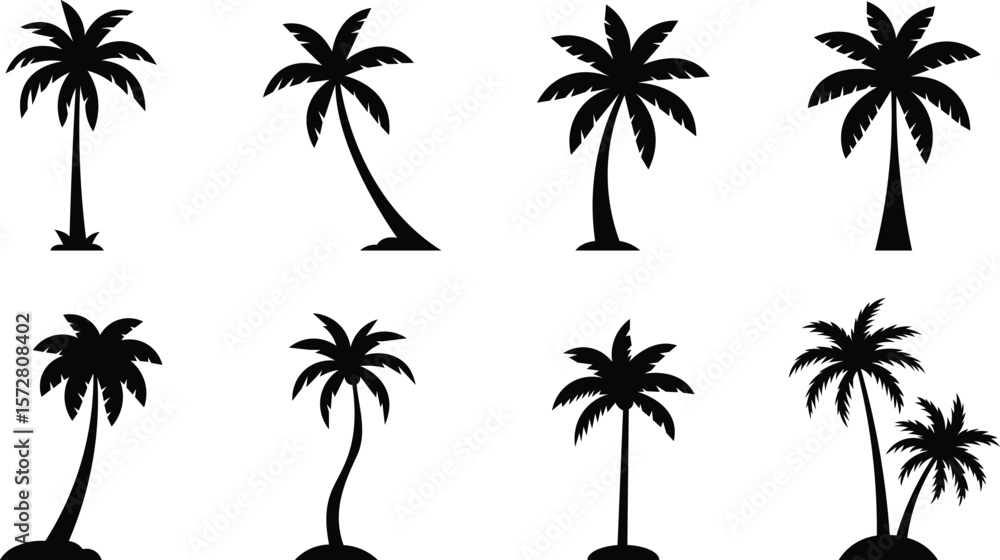 Naklejka premium Set of tropical palm trees and coconut tree silhouette. Palm tree silhouettes set. Design Of Palm Trees For Posters, Banners, And Promotional Items. Vector Illustration.