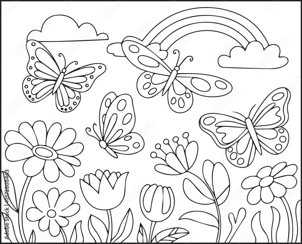 Fototapeta premium Adorable butterflies flying on flowers garden field outline vector illustration for kids coloring page or book design