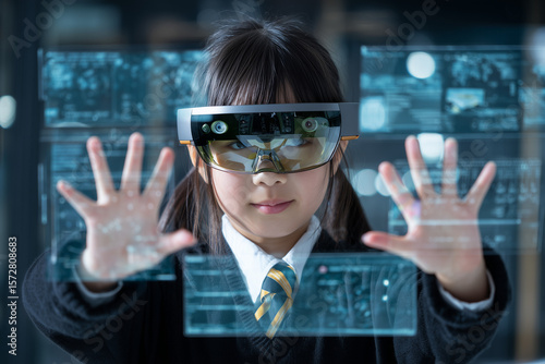 School student with VR headset using AI artificial intelligence technology & machine learning.Interactive technology in classroom. Innovation & smart tech. AI blue hologram in education	