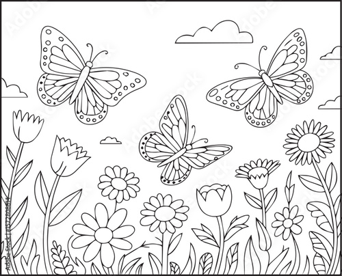 Adorable butterflies flying on flowers garden field outline vector illustration for kids coloring page or book design