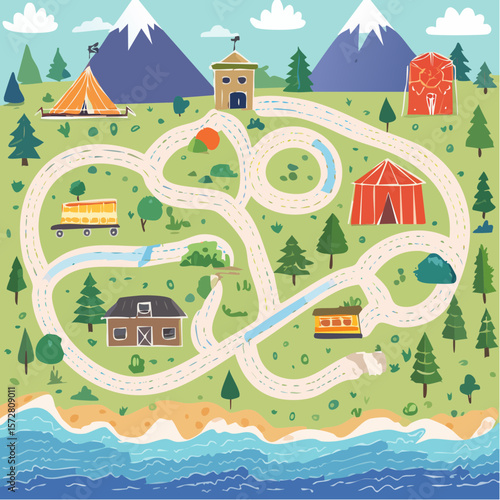 Vector countryside village colorful map with houses, fair, circus, farm, river and mountains. Kids game, rug template. Cute doodle town maze ...