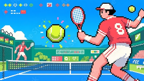 Pixel art of tennis players in a retro video game style, showcasing sports game design.