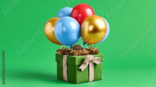 Green gift box with a bow and colorful balloons on a white background, ideal for celebration themes.