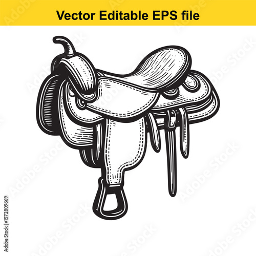 Detailed Sketch of a Western Horse Saddle Equipment used in Equestrian Activities Depicted in Black and White Etching Style