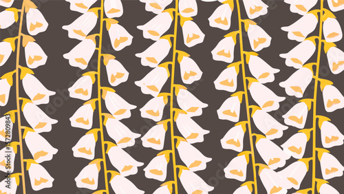 Illustration of a repeating pattern of white bell shaped flowers on yellow stems on a brown background