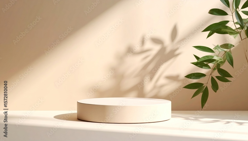 Elegant presentation platform casting botanical shadows against a serene backdrop Elegant presentation platform casting botanical shadows against a serene backdrop
