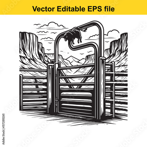 Monochromatic Western Landscape Featuring a Cattle Chute Gate and Distant Mountains Evoking Rural Life and Frontier Heritage