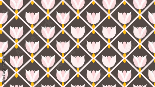 Repeated pattern of pink tulip flowers with yellow stems on a dark brown background and white trellis
