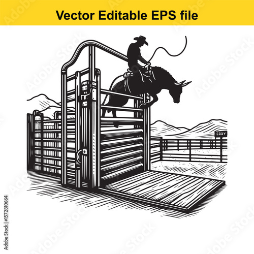 Rodeo Cowboy Riding a Bucking Horse in a Chute Vector Illustration Artwork Captures the Thrill