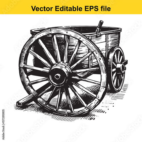 Antique Wooden Cart with Large Wheels a Rustic and Historical Illustration of Traditional Transportation Equipment in Black and White