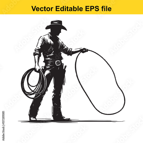 Monochrome Cowboy Silhouette with Lasso and Hat Vector Illustration Capturing Western Heritage