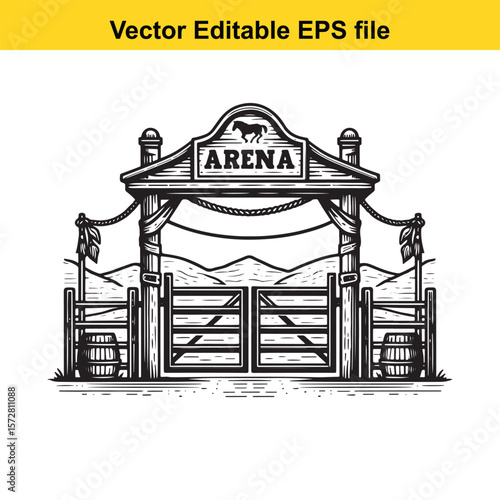 Vintage Ranch Arena Entrance with Wooden Gate and Mountain Backdrop Evokes Rustic Western Charm and Nostalgia