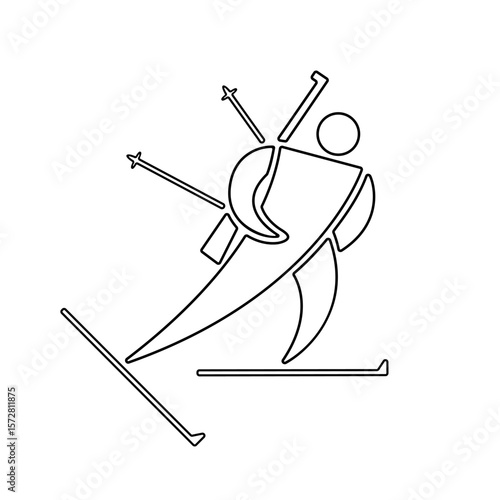 Biathlete man line icon, black outline isolated on white. Running biathlon athlete, skiing man with poles and biathlon rifle. Vector or png clipart sign for sport design, winter games illustration.