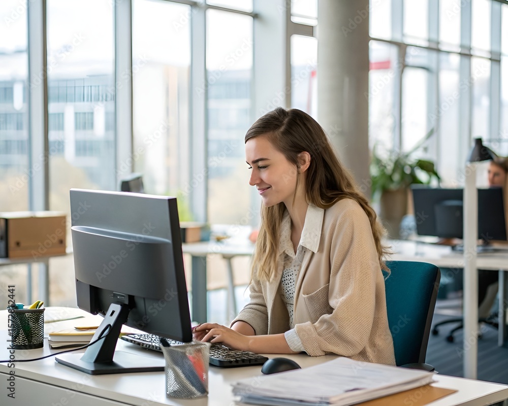 A woman working at a computer in an office with large windows behind her A woman working at a computer in an office with large windows behind her