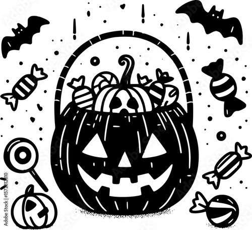 Cute halloween illustration of a pumpkin candy basket in black and white doodle style perfect for kids and halloween themed project