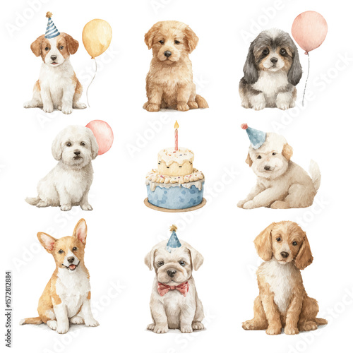 Birthday dogs set, vector, watercolor illustrations. Vector clip art elements, ready to print. Perfect for banners, decoration, patterns, stickers, invitation, card, wallpapers, textile.