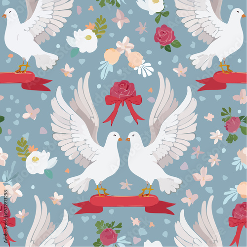 Seamless vector pattern with white pigeons holding cute coquette bow. Hand drawn background with birds and ribbons for wedding, valentine day design. Vintage line art wallpaper, wrapping ...