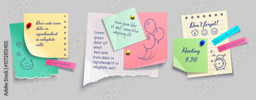 Paper notes, stickers. Memo messages, notepads and torn paper set vector