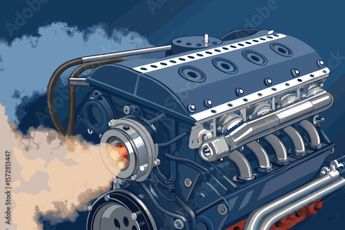 Vector illustration showcasing a high-performance F1 turbocharged engine in close-up detail.