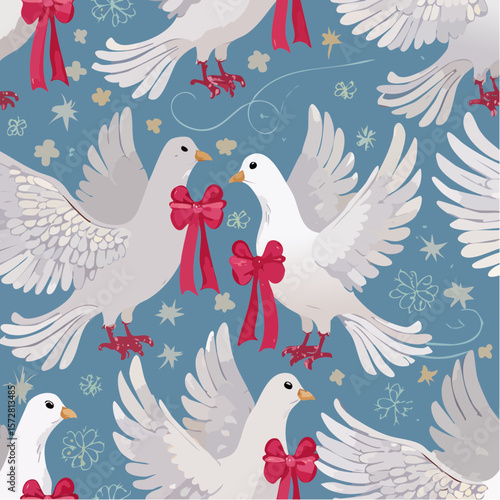 Seamless vector pattern with white pigeons holding cute coquette bow. Hand drawn background with birds and ribbons for wedding, valentine day design. Vintage line art wallpaper, wrapping ...