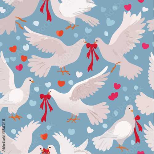 Seamless vector pattern with white pigeons holding cute coquette bow. Hand drawn background with birds and ribbons for wedding, valentine day design. Vintage line art wallpaper, wrapping ...