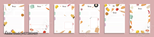 Recipe cards. Culinary book blank pages with doodle kitchen tools vector set