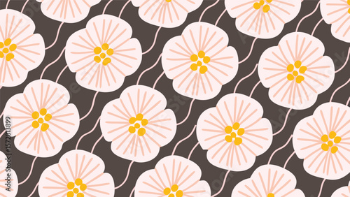 Floral pattern with white blossoms and yellow centers on a brown background with wavy lines