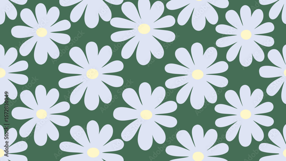 Seamless pattern of white daisies with yellow centers on a dark green background creating a floral design Seamless pattern of white daisies with yellow centers on a dark green background creating a floral design