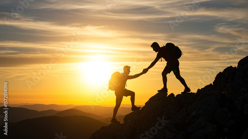 Two hikers silhouetted against a vibrant sunset on a rocky mountain peak