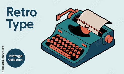 Isometric Typewriter Renders Text, Isolated, Illustration, and Retro Aesthetic