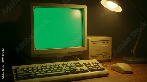Retro computer setup at night with green screen monitor for chroma key looping background