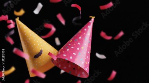 Two colorful party hats covered in confetti on a white background, perfect for celebration themes.