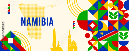 Colorful Geometric Namibia Banner with Cultural Symbols and Flag Elements
